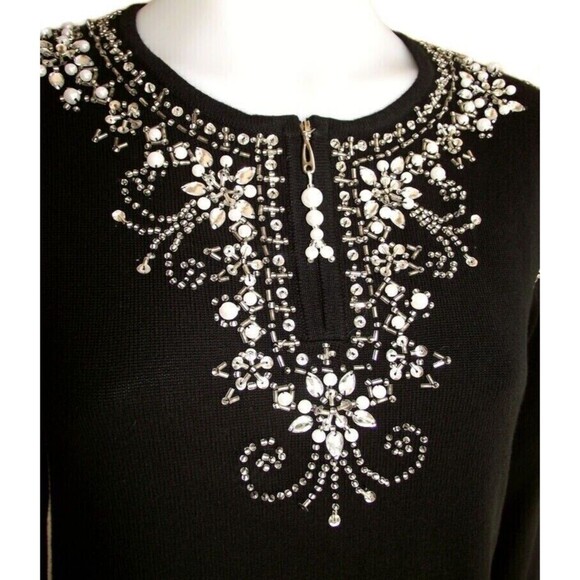 Quacker Factory Black Cotton Blend Tunic Sweater-Sequined Beaded Pearls  XL - Picture 6 of 6